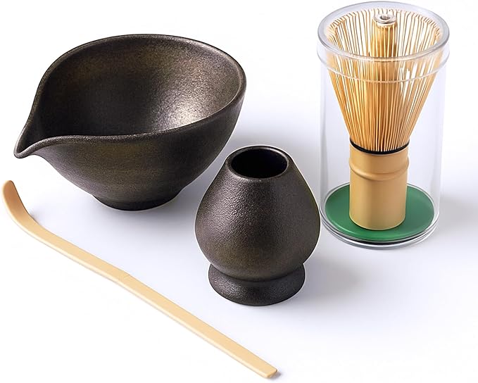 Matcha Whisk Kit Set of 4 includes Matcha Bowl, Matcha Bamboo Whisk, Scoop, Whisk Holder Tea Accessories Gift for Tea Lovers(Gilt Decor)