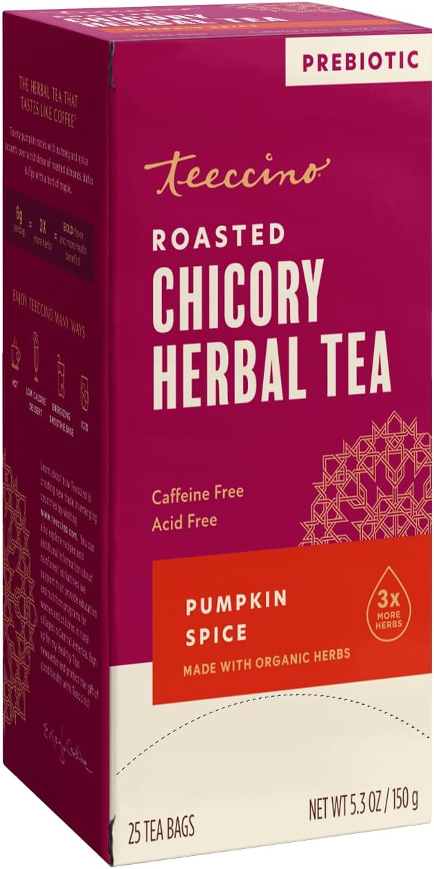 Teeccino Pumpkin Spice Herbal Tea - Rich &amp; Roasted Autumn Harvest Tea That’s Caffeine Free &amp; Prebiotic for Delicious Comfort, 25 Tea Bags