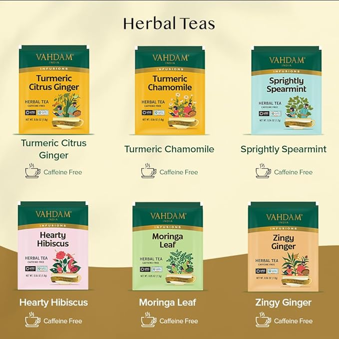 VAHDAM, Herbal Tea Sampler (36 Tea Bags, 6 Flavors) Caffeine-Free, Non-GMO | Assorted Tea Sampler - Turmeric Citrus Ginger, Turmeric Chamomile, Hibiscus, Moringa, Spearmint, Ginger | Gifts for Him/Her