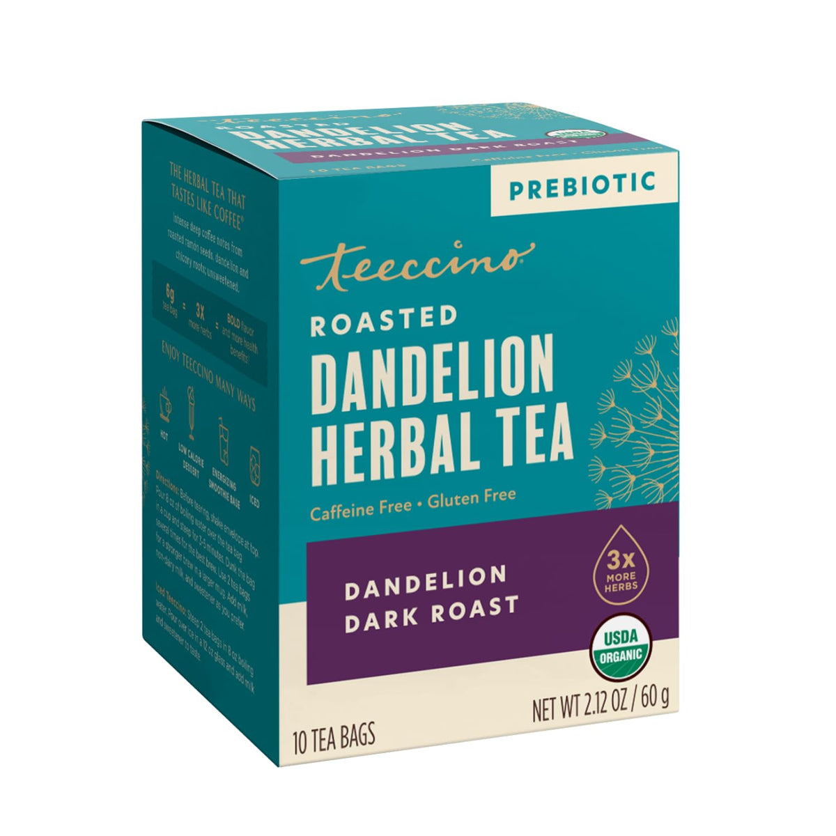 Teeccino Org Dandelion Dark Roast Tea – Caffeine Free Prebiotic 10 Tea Bags