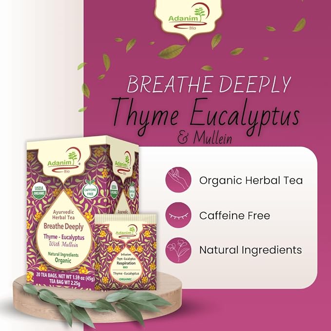 Adanim Bio Ayurvedic Herbal Tea Breathe Deeply Thyme Eucalyptus Mullein Tea USDA Organic Antioxidant Rich Healthy Herbal Tea Wellness 20 Tea Bags