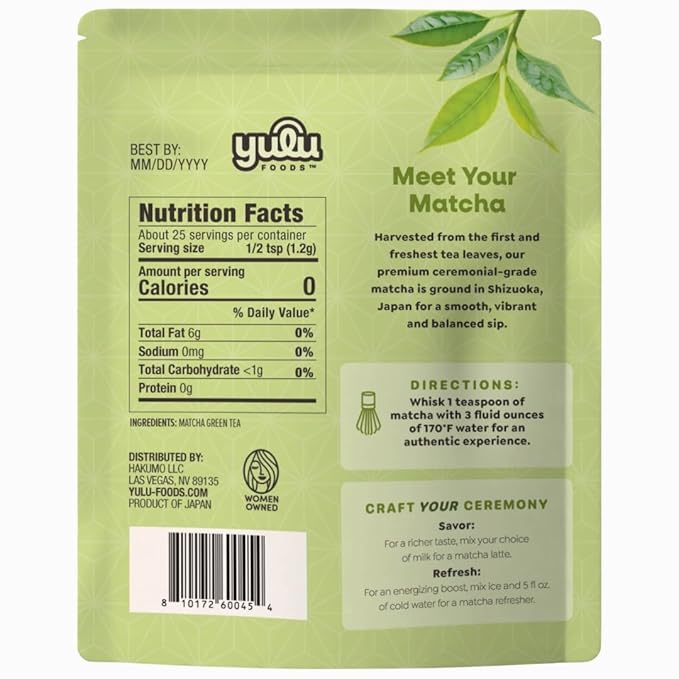 YULU FOODS Ceremonial Blend Matcha Powder (1.06 oz / 30 g) | First-Harvest Japanese Green Tea for Traditional Whisking or Café Lattes | Vibrant Green | Premium Barista Grade