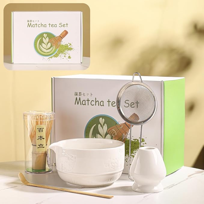 Matcha Tea Set, 5-Piece Ceramic Matcha Bowl & Whisk Kit with Cute Cat Pattern, Traditional Japanese 