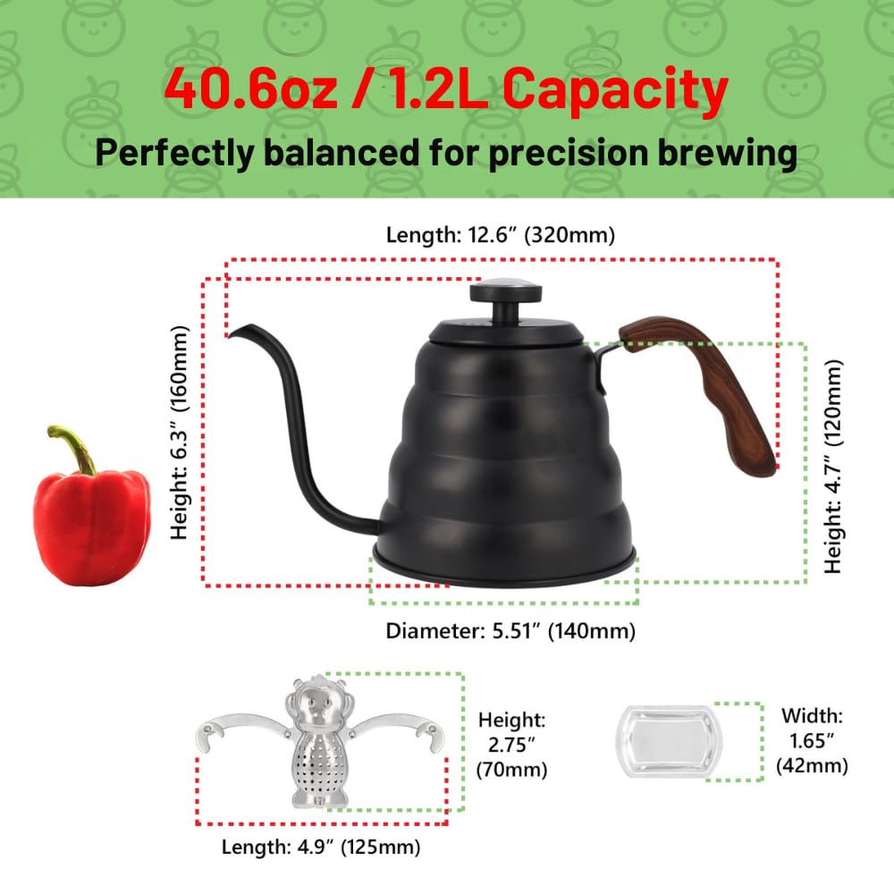 Captain Cranberry Gooseneck Kettle, Stovetop, Thermometer, Black, 40.6oz