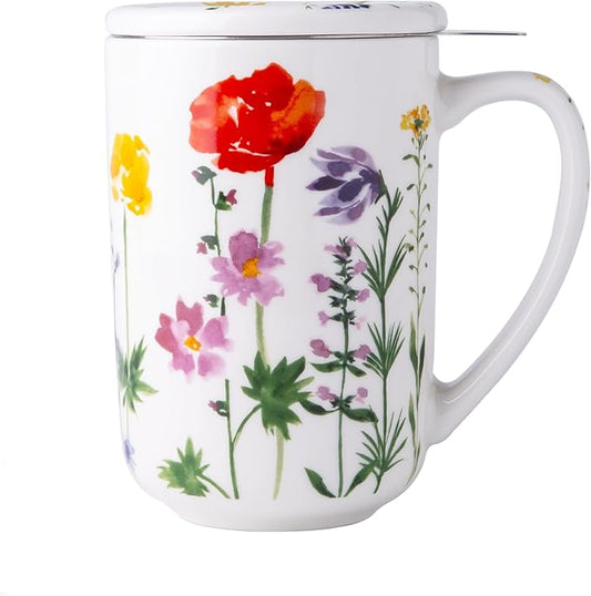 AmorArc Porcelain Tea Mug with Infuser and Lids, 18 Oz Coffee Cup Strainer with Bag Holder for Loose Leaf Tea