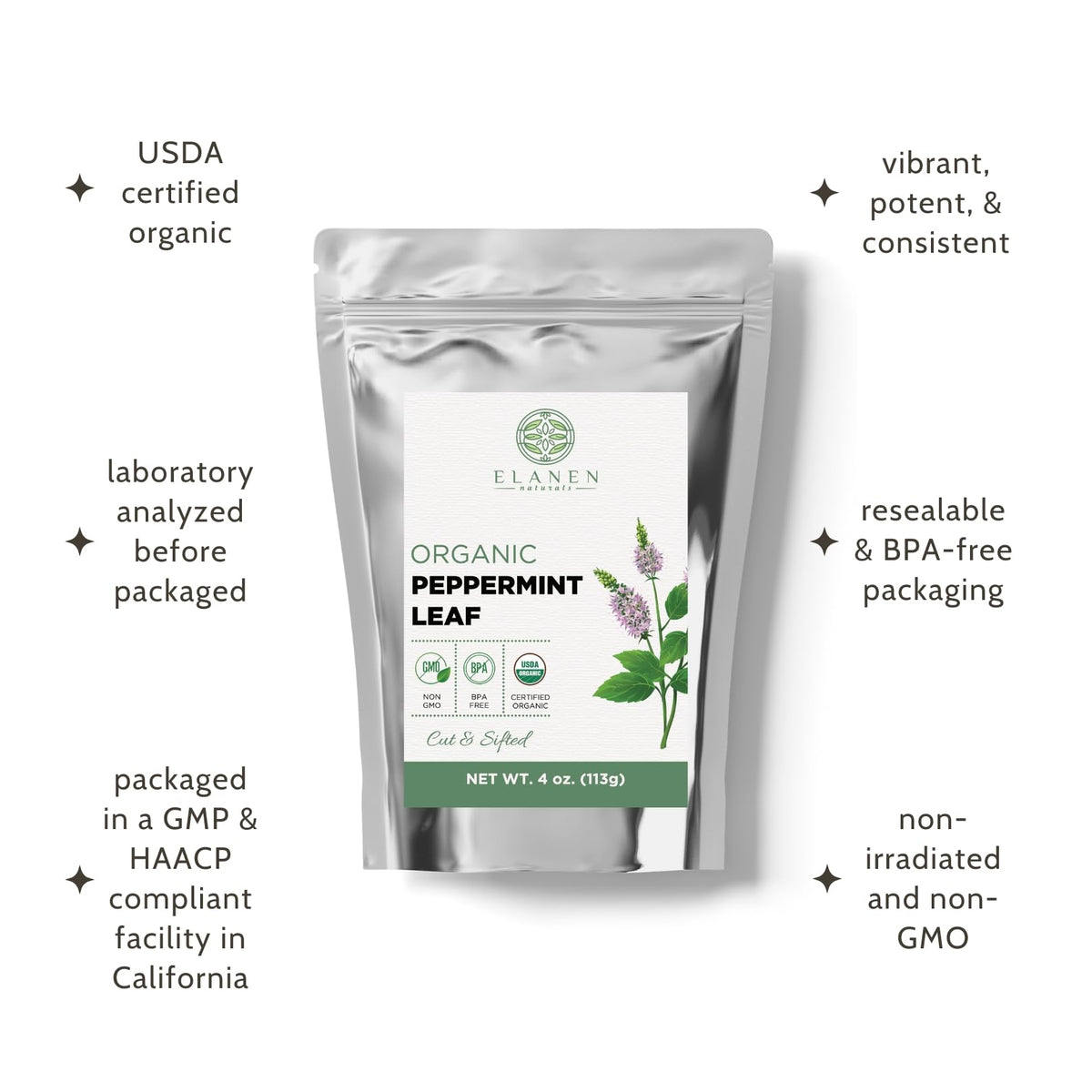Elanen Naturals Organic Peppermint Leaves 4 oz. (113g), USDA Certified Organic Peppermint Tea Loose Leaf, Dried Mint, Dry
