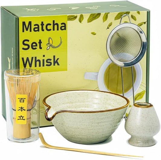 Matcha Whisk Set,Matcha Set,Matcha Kit,Matcha Bowl with Spout,Scoop,Sifter,Bamboo Whisk,Chasen Holder,Unique Gifts for Women Grifend