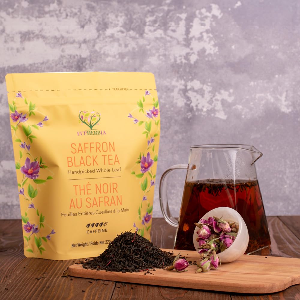Eupherbia Saffron Black Tea, Handpicked, Highland Grown Whole Leaf Tea, Enriched with 3 Grams of Premium Saffron Threads, Brisk, Earthy, Aromatic, 227g (8 oz)
