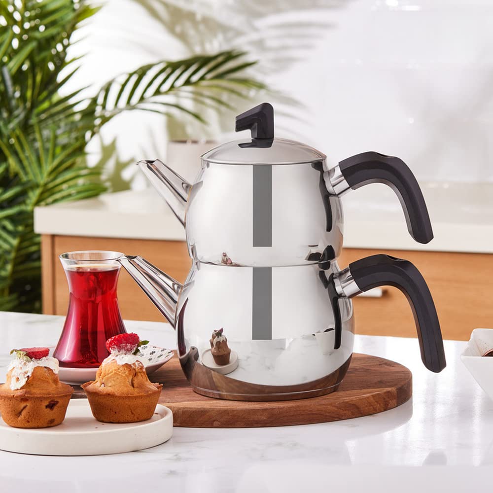 Karaca Belinay Teapot Set Silver Black, Medium Teapot, 18/10 Stainless Steel, Teapot/Lid (1 lt, 2.20 lb), Tea Kettle (1.6 lt