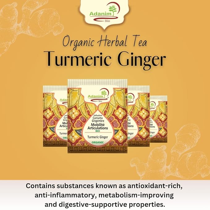 Adanim Bio Turmeric Ginger Herbal Tea 20 Individually Wrapped Tea Bags Organic Caffeine Free Herbal Infusion with Turmeric Ginger USDA Organic