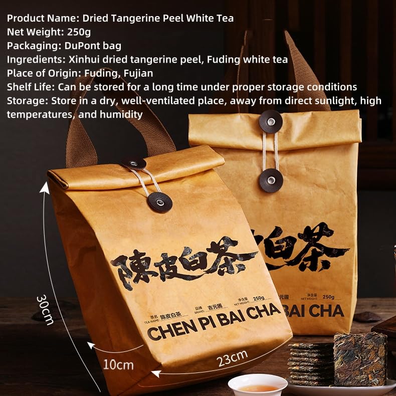 Chinese Kung Fu Tea-Chen Pi Bai Cha Dried Tangerine Peel White Tea, Fuding White Tea, Small Square-Shaped Leaves, 250g, 42 Individually Packaged Bags