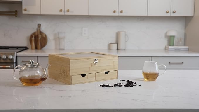 Naturustic Large Bamboo Tea Bag Box Organizer Storage Box, Tea Bag Holder with 2 Drawers & 12 compartments with acrylic Window, Caja de te, Caddy para te Ideal Christmas Gifts