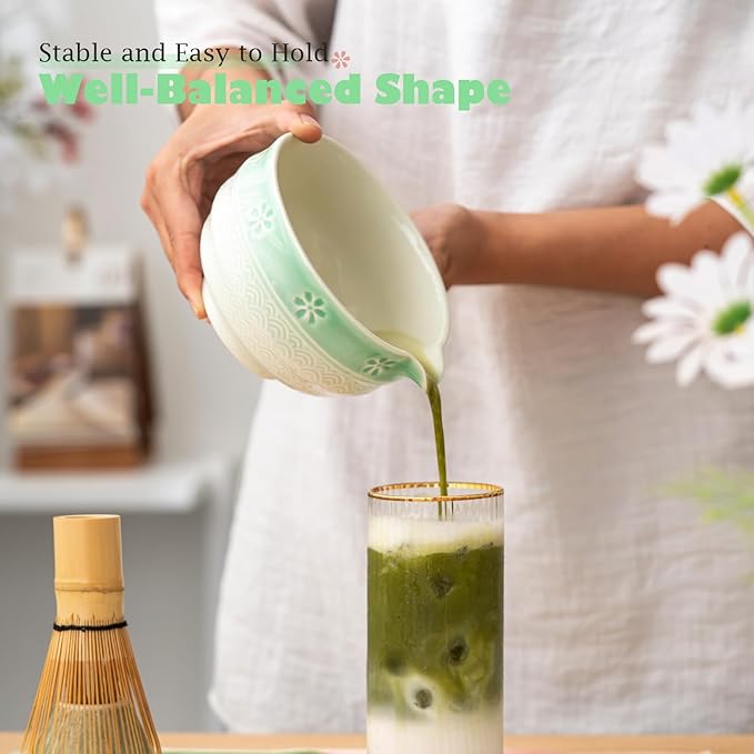 Matcha Tea Set, 8 Pcs Japanese Matcha Kit with Cherry Blossom and Wave Design Ceramic Bowl, Bamboo Whisk, Whisk Holder, Scoop, Sifter, Brush, Matcha Kit Set for Matcha Lovers (Green Gradient)