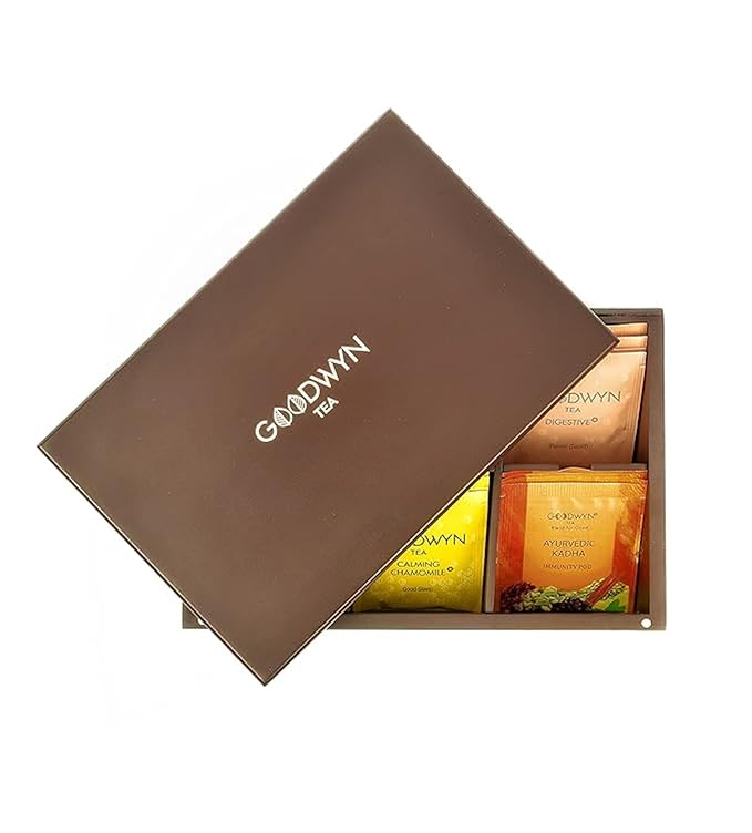 Goodwyn Assorted Tea Sampler Box – 90 Individually Wrapped Tea Bags, Premium Herbal Black and Green Tea Collection in Reusable Wooden Chest, 9 Flavors Peppermint Chamomile Assam Darjeeling Lemon Green Tea Kahwa Jasmine Earl Grey, Gift Set Box