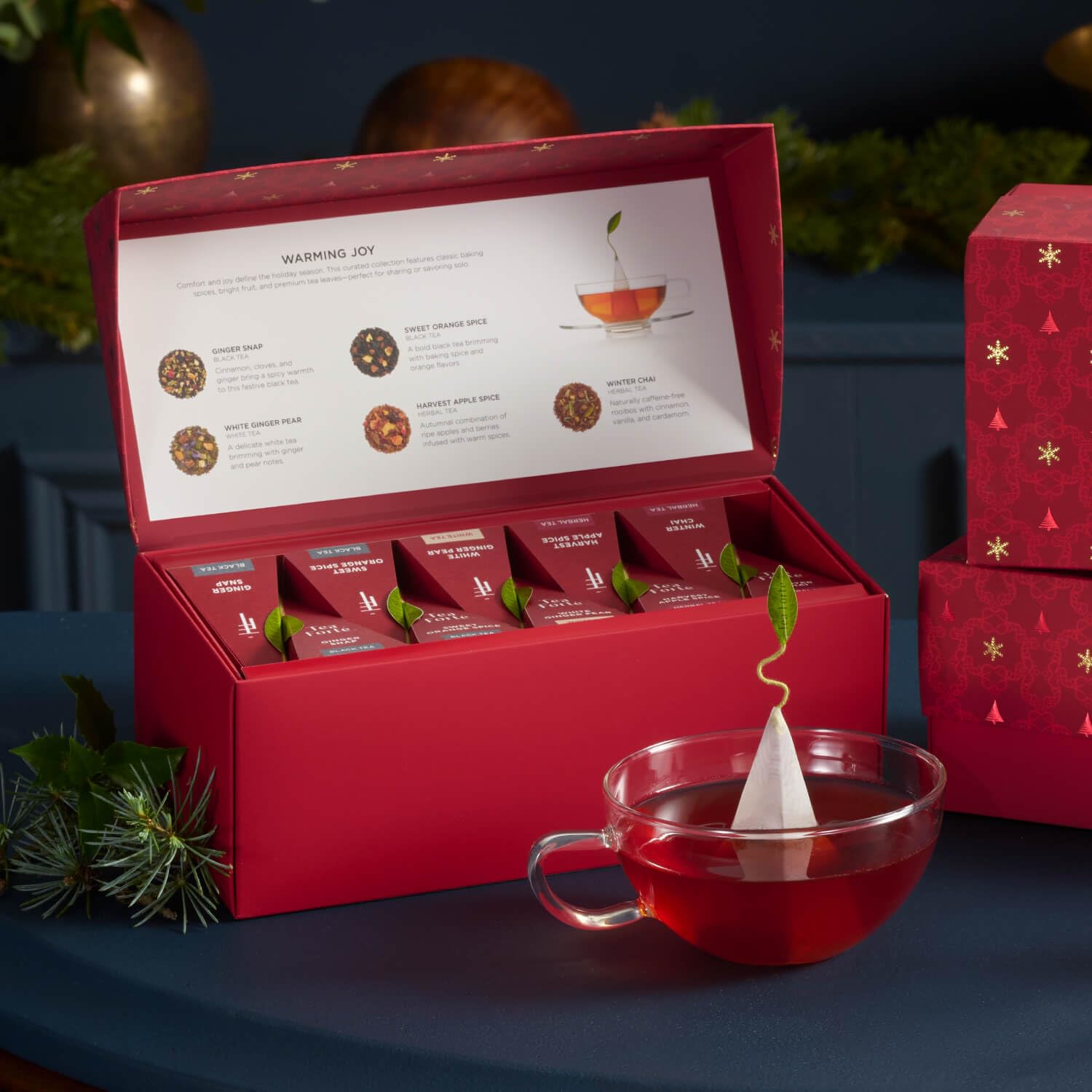 Tea Forte Warming Joy Holiday Premium Presentation Box Gift Set Sampler, 20 Count, 4 of Each Blend Individually Wrapped Handcrafted Pyramid Infuser Bags