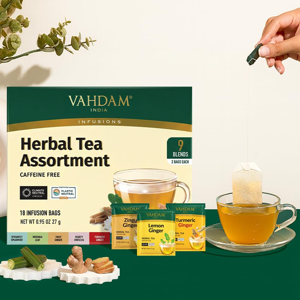 VAHDAM, Assorted Herbal Tea Sampler (18 Tea Bags, 9 Flavors) Caffeine-Free, Non-GMO | Double Infusion, Individually Enveloped Tea Bags | Herbal Tea Assortment | Mother’s Day Tea Gift for Mom