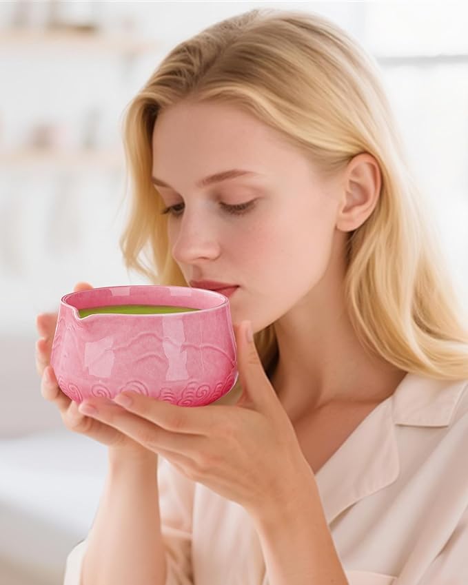 ZENS Matcha Whisk Set, 6pcs Matcha Set Pink Includes 15oz Ceramic Bowl and Bamboo Whisk (Chasen Holder) Scoop, 304 Sifter & Pink Tea Mat, Japanesse Matcha Kit for Matcha Latte-Making