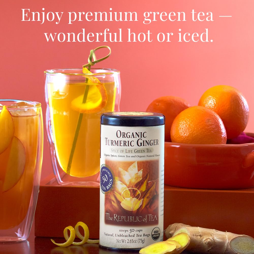 The Republic of Tea Organic Turmeric Ginger Green Tea, Low Caffeine, 50 Ct