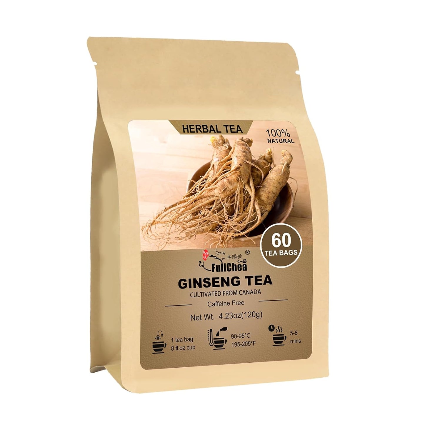 FullChea - Ginseng Tea Bags, 60 Count, Pure Ginseng Root Herbal Tea