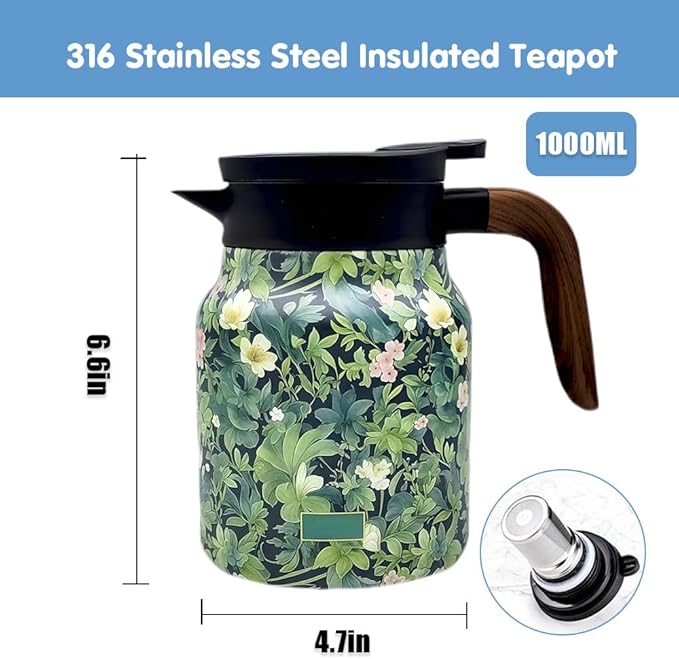 Vintage Floral Pattern Tea Pots – Built-in Infuser,Vintage Floral Teapot with Built In Infuser Stainless Steel Thermal Carafe with Lid for Hot Drinks