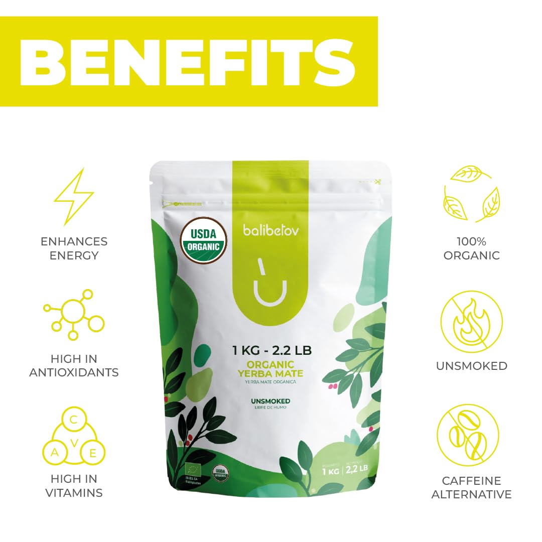 BALIBETOV Organic Yerba Mate, 2.2 lb Loose Leaf – Unsmoked Pure Leaf, Clean Natural Energy, Gluten-Free &amp; Vegan