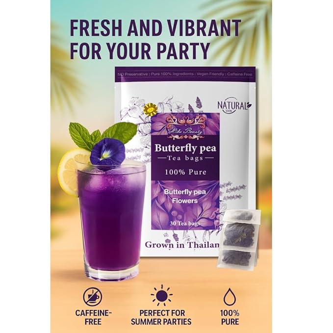 Hida Beauty Premium Dried Butterfly pea flower tea 30 Teabags Herbal Blue colors for drinks hot cool purple violet funness party food bakery pasta