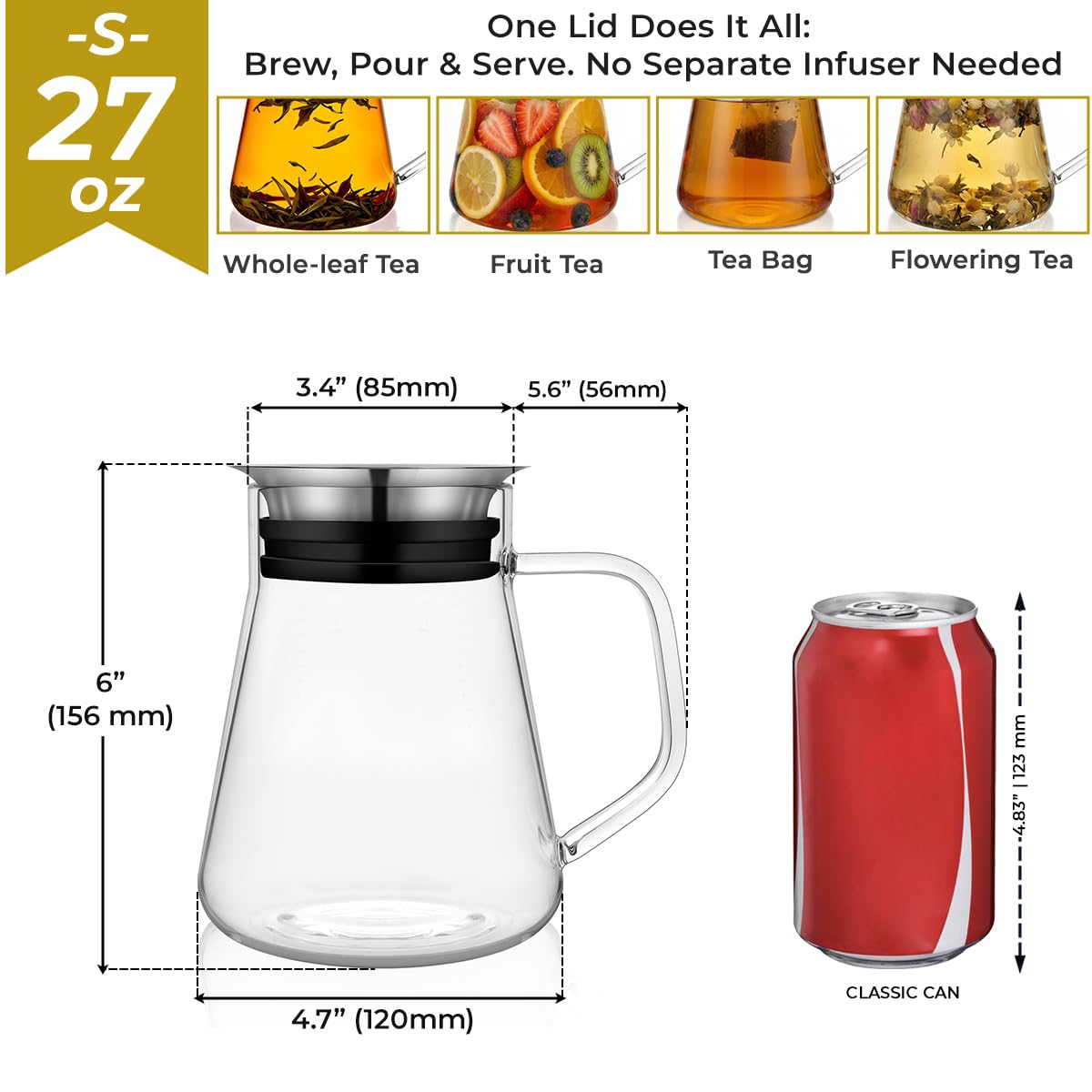 Aquach 27oz Glass Teapot with Filter Lid, Personal Stovetop Tea Pot