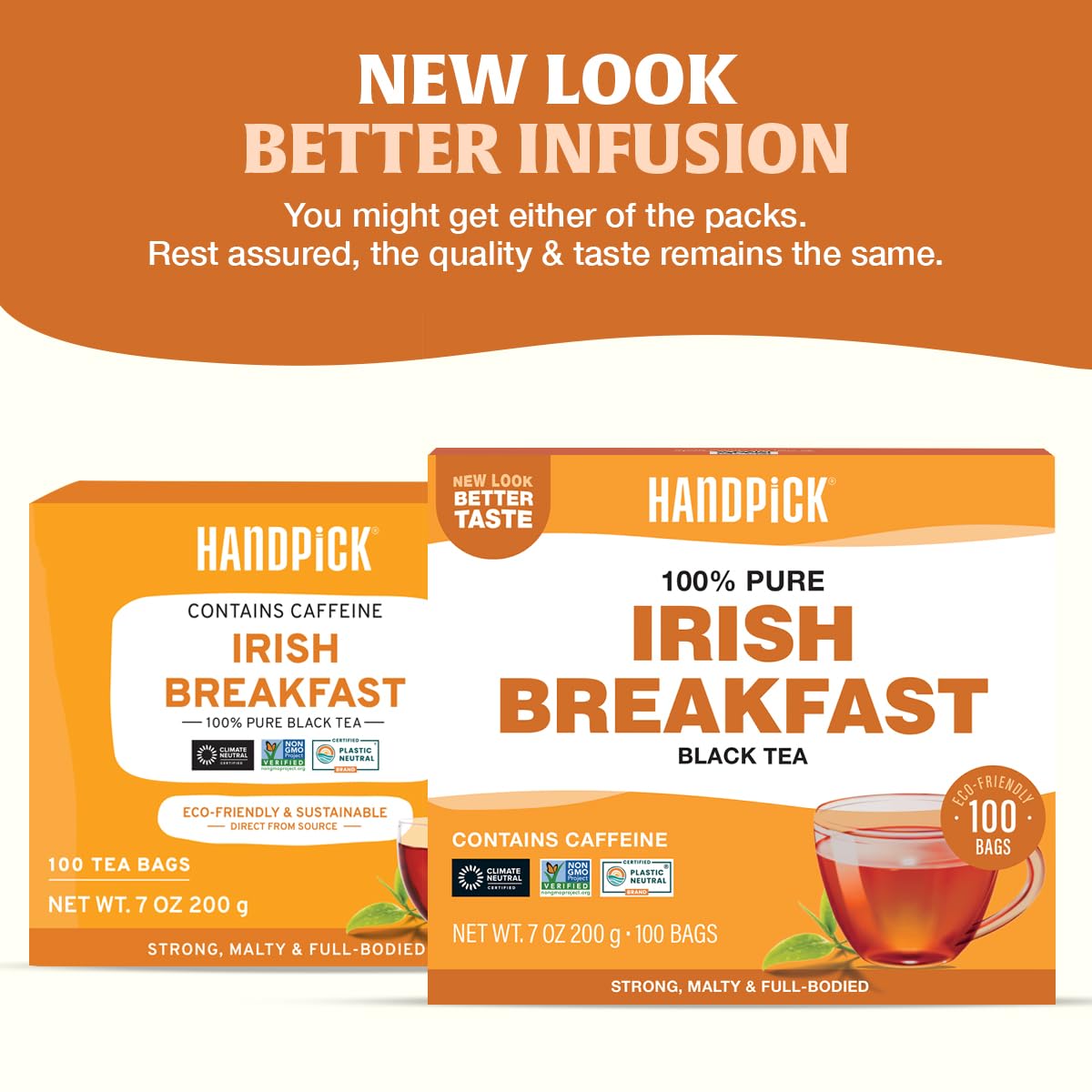 HANDPICK, Irish Breakfast Black Tea Bags (100 Count) Gluten-Free, Non-GMO | Strong, Robust & Bold Flavor | Round Eco-Conscious Tea Bags
