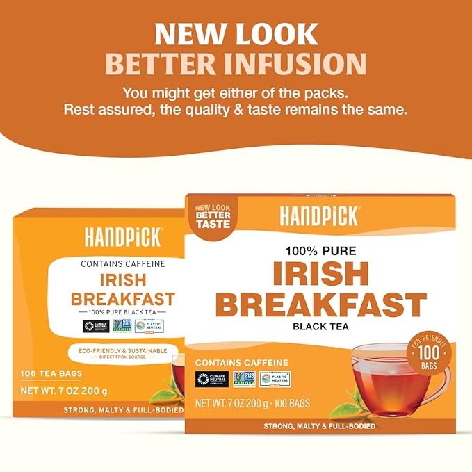 HANDPICK, Irish Breakfast Black Tea Bags (100 Count) Gluten-Free, Non-GMO | Strong, Robust & Bold Flavor | Round Eco-Conscious Tea Bags