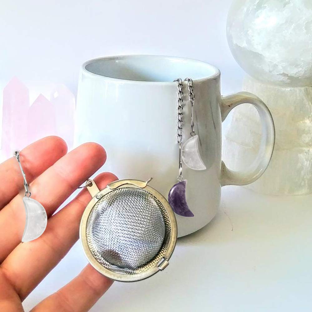 2pcs Tea Strainers, Scdom Stainless Steel Ball Mesh Tea Infusers, Amethyst & White Crystal Moon Pendant Tea Ball Tea Filter