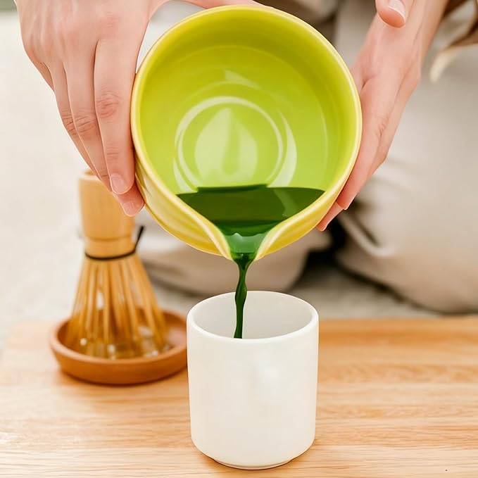 Matcha Bowl with Pour Spout & Whisk Holder, Traditional Japanese Ceramic Chawan Tea Set, Thick Non-Slip Matcha Mixing Bowl for Whisking & Pouring