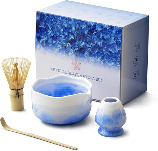 Natural Crystal Flower Matcha Set - 4 Pcs Food Grade Matcha Kit with Spouted Bowl, Matcha Whisk, Scoop and Chasen Holder