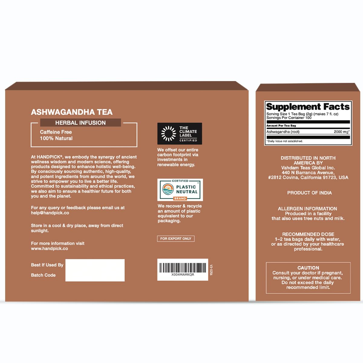 HANDPICK Ashwagandha Teabags (100 Count) Pure Ashwagandha Root,Gluten Free