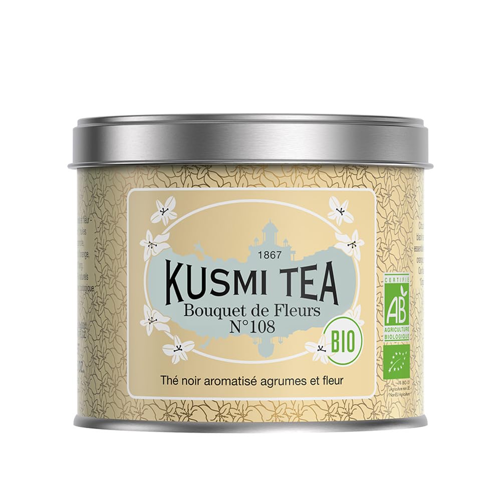 Kusmi Tea - Bouquet of Flowers No.108 - Organic Earl Grey Black Tea with Bergamot &amp; Ylang Ylang - Flavored with Citrus - Robust, Caffeinated Tea - Loose Leaf Tea - Tin Box of 3.5 oz