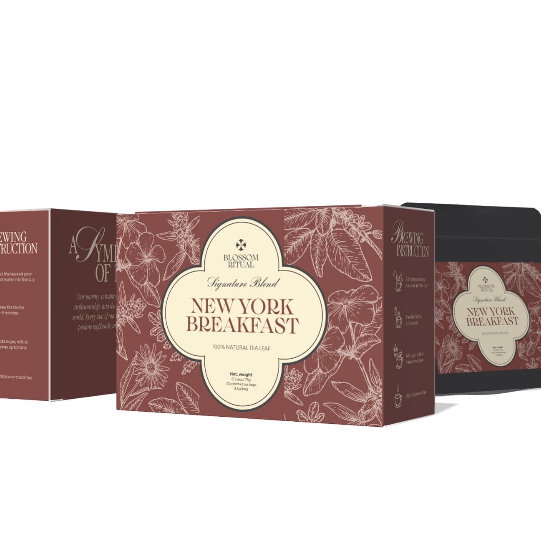 BLOSSOM RITUAL Newyork Breakfast – Strong &amp; Smooth Black Tea with Caffeine – 20 Corn Based Pyramid Bags – Serve Upto 60 cups – Energizing Morning Tea Blend for Focus &amp; Clarity – Resealable Zip Pouch| 2.65oz