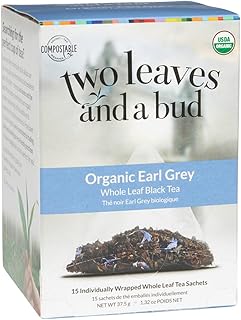 Two Leaves and a Bud Organic Earl Grey Tea Bags, Whole Leaf Caffeinated Black Tea in Compostable Sachets, 15 Count (Pack of 1)