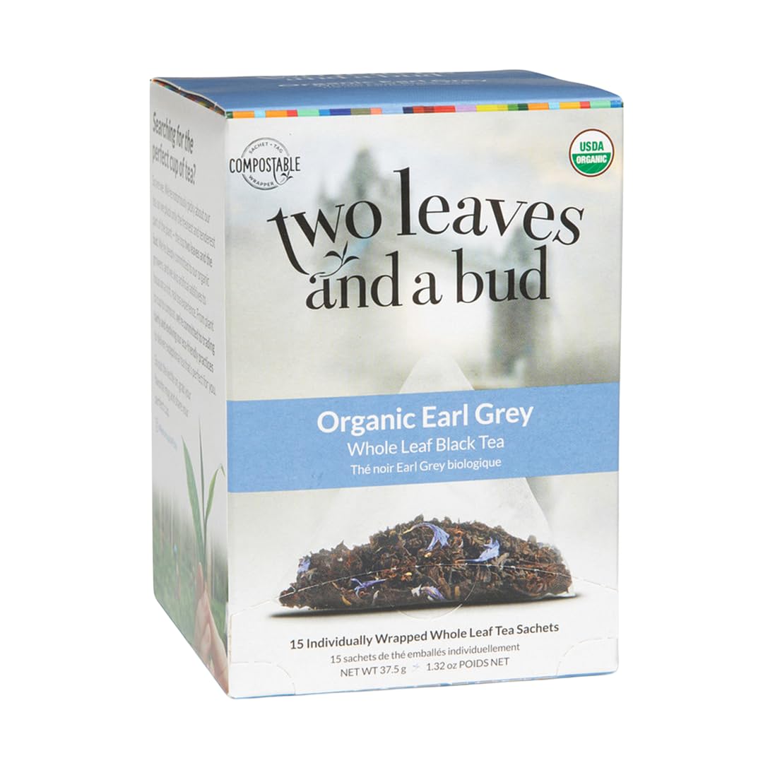 Two Leaves and a Bud Organic Earl Grey Tea Bags, Whole Leaf Caffeinated Black Tea in Compostable Sachets, 15 Count
