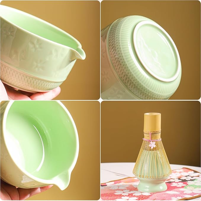 8-Piece Matcha Tea Set with Ceramic Bowls (Flower Pattern), Bamboo Whisk, Scoop, Spoon & Pink Sakura Gift Box – Traditional Japanese Matcha Whisking Kit for Tea Lovers (green)