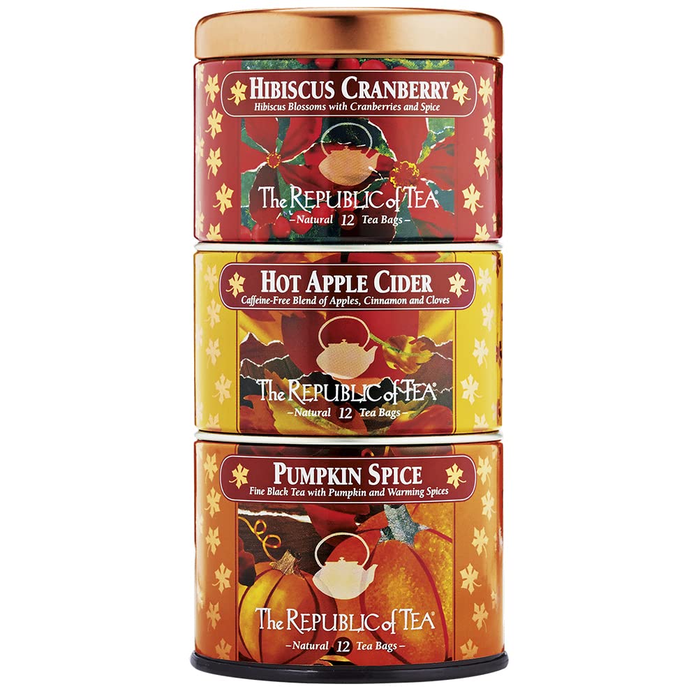 The Republic of Tea Harvest Stackable Tea Sampler, 36 Count | Three fall teas: Hibiscus Cranberry, Hot Apple Cider and Pumpkin Spice. 12 tea bags of each variety.