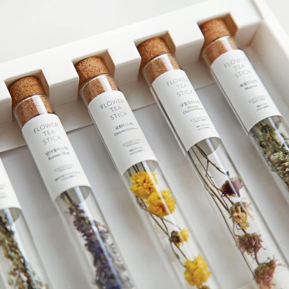 KKOKDAM Premium Flower Tea Stick Sampler with Wooden Tray - 5 Handcrafted Blooming Herbal Tea Variety Pack in Glass Tubes, Women & Mom Gift Box