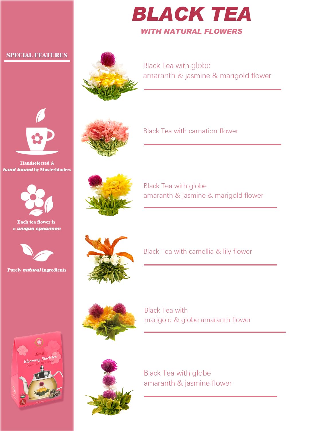 TETWIN Organic Blooming Tea Flowers 6 Tea Balls USDA Hand Tied Natural Black Tea Leaves & Edible Flowers Gifts for Tea Lovers