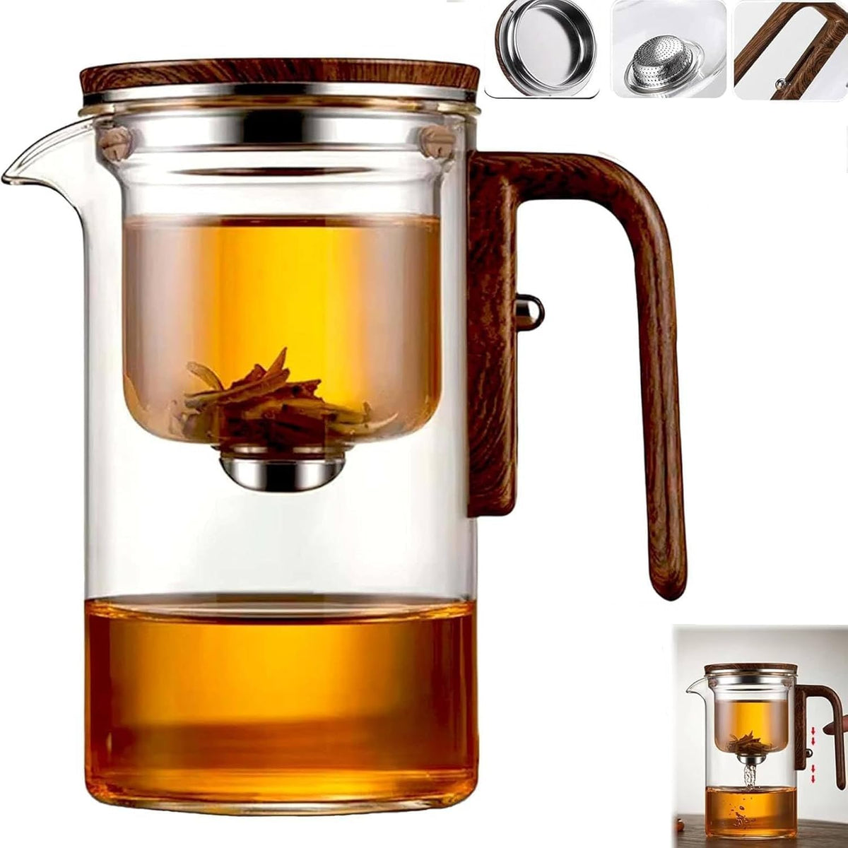 Aimery Magnetic Glass Teapot with Infuser, 24oz Borosilicate Tea Pot with Walnut Handle for Loose Leaf Tea, Office Home, Tea