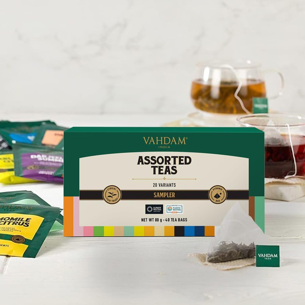 VAHDAM, Assorted Tea Sampler (20 Delicious Variety, 40 Individually Wrapped Pyramid Teabags) Long Leaf Premium Teas I Tea Gift Set I Gift Ideas for Lovers | Gifts for Him/Her