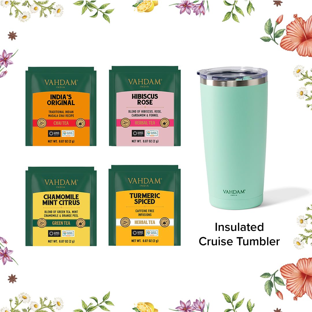 VAHDAM Assorted Tea Gift Set with Cruise Tumbler (4 Variety, 60 tea Bags) | Ecofriendly Tea Bags | Tea Gifts for Women & Men