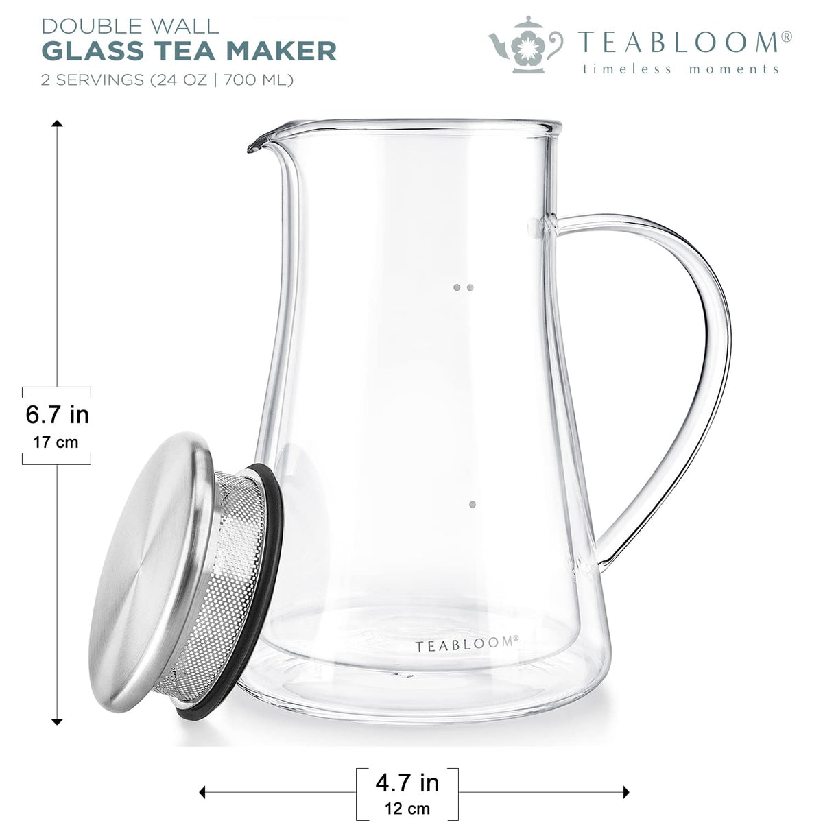 Teabloom Insulated Teapot Keeps Tea Hot – Tea Maker For Two (24 oz) – Double Wall Heatproof Glass Tea Steeper with Stainless
