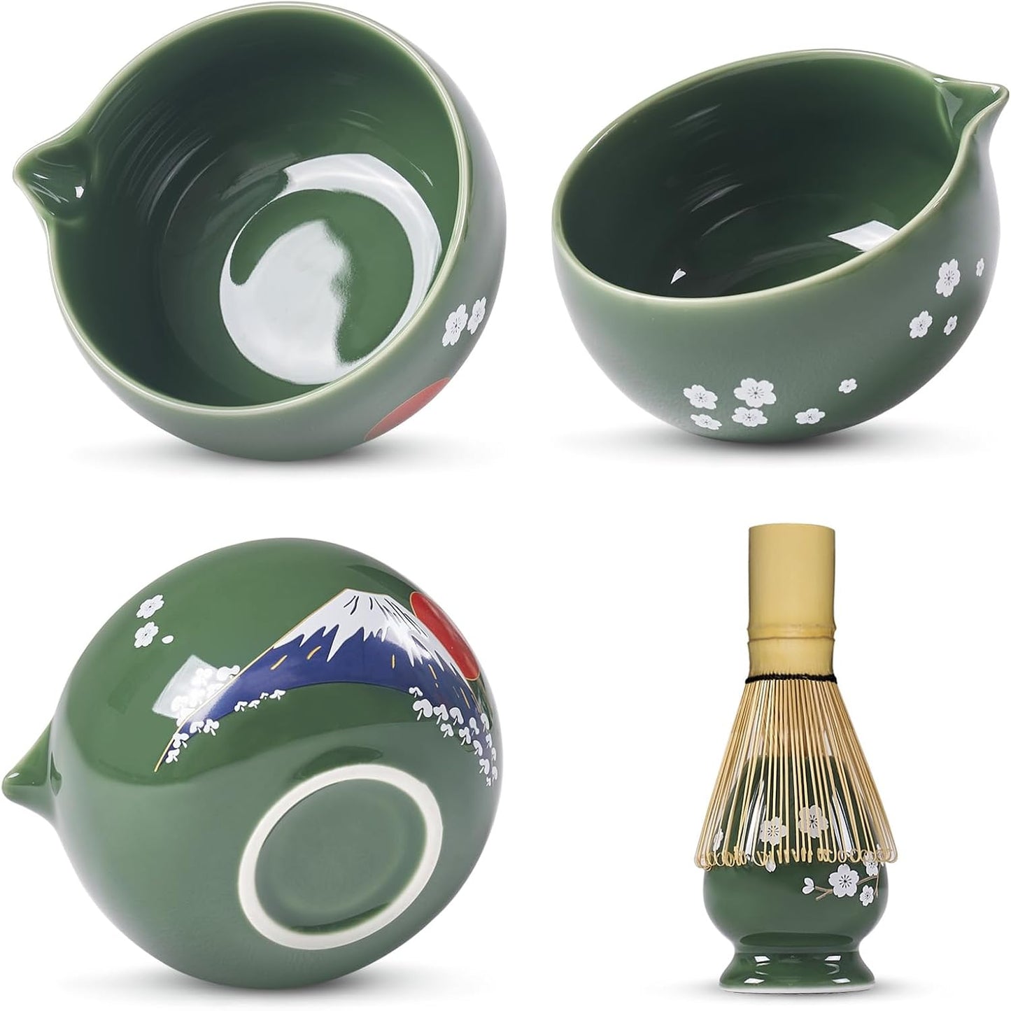 DUJUST Japanese Matcha Whisk Set, Unique Design of Mount Fuji, Sakura &amp; Dawn, Cute Ceramic Matcha Set, One of A Kind Gift for Matcha Lovers - 7 pcs of Japanese Serenity