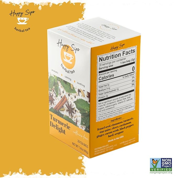 Happy Sips Herbal Tea – Turmeric Delight - Made of 11 Non-GMO Natural Herbs & Spices with No Artificial Flavor, Colors, or Additives, 100% Naturally Caffeine Free, 20 Individually Wrapped Tea Bags (Pack of 1)