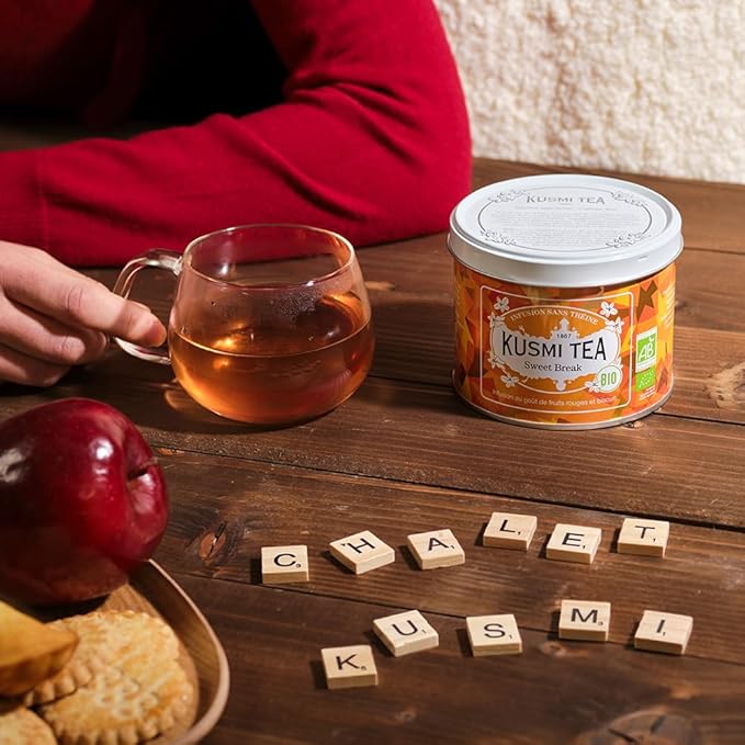 Kusmi Tea Sweet Break - 3.5 oz Loose Tea Tin - Organic Herbal Tea with Hibiscus, Red Berry & Hints of Cookie - Caffeine Free - Enjoy Hot or Iced