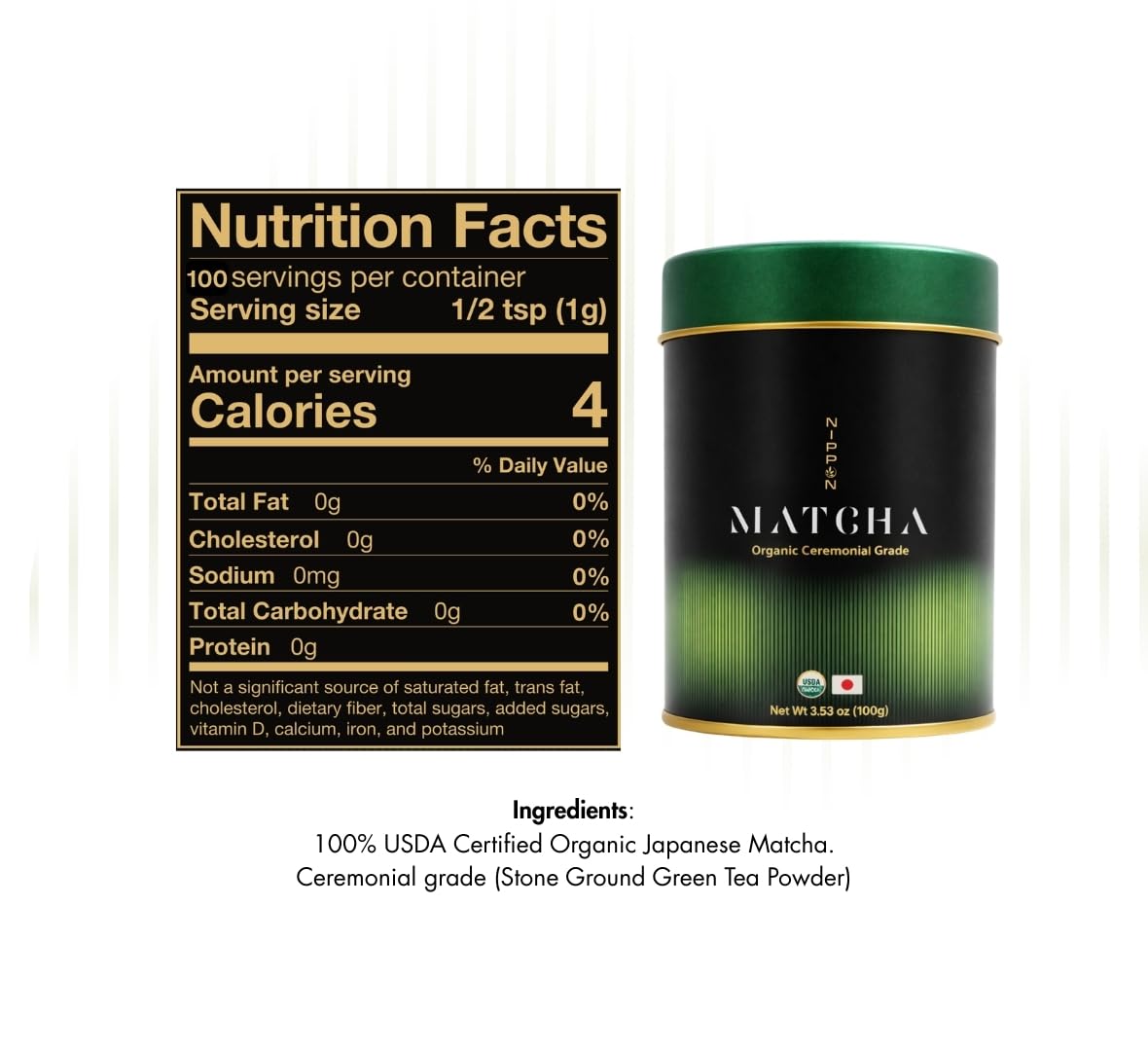 Nippon Matcha – Organic Premium Ceremonial Grade Japanese Matcha Green Tea Powder – First Harvest from Uji, Kyoto – USDA Certified, Stone-Ground, Smooth & Vibrant (100g/3.53oz)