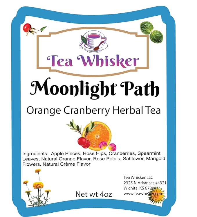 Tea Whisker - Moonlight Path | Orange Cranberry | Fruity Herbal | Loose Leaf Tea | 4 Ounce Pouch | Serve Iced or Hot | Non-Caffeinated